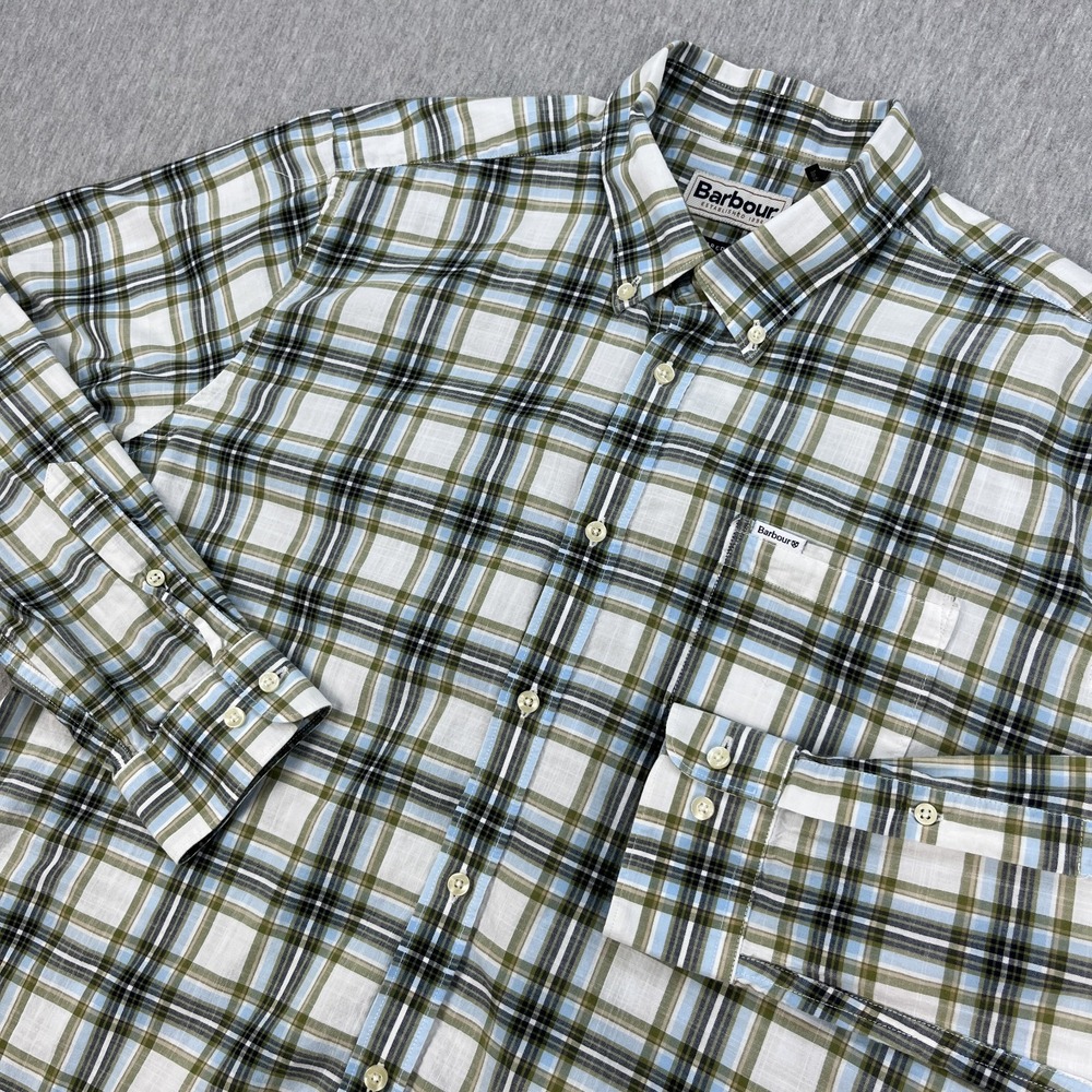 Barbour Shirt Mens L Tailored Fit White Green Plaid Button-Down 100% Cotton